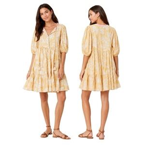 Jade by Johnny Was Norette Tiered Mini Dress Sorrento Sunshine Yellow Sz S NWT